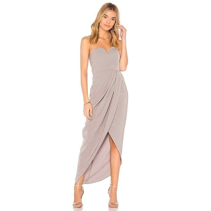 Shona Joy Midi Dress Womens 2 Beige Formal Strapless Sweetheart Drape Front Maxi